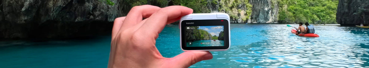 Action & 360 Cameras available to buy at Carmarthen Cameras - Banner collection image of people kayaking on a lake