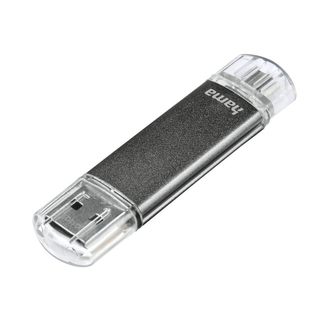 A grey Hama Laeta Twin USB 2.0/Micro USB memory pen with aluminium casing.