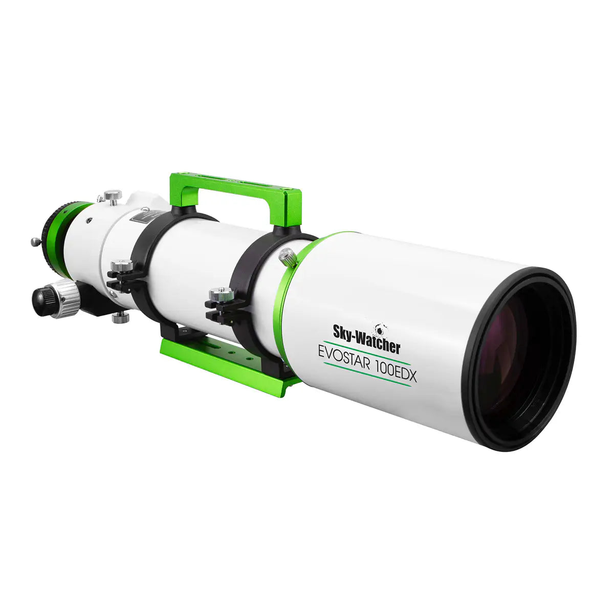 Sky-Watcher telescope with green accents on a white background