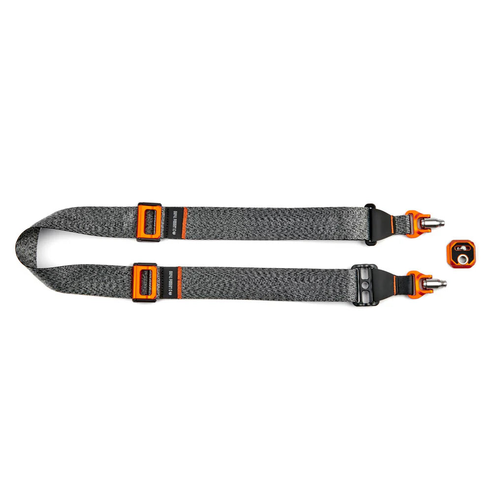 Two gray straps with orange buckles on a white background