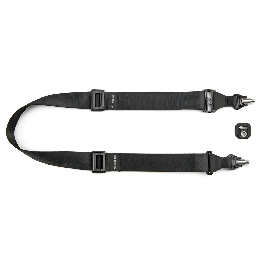 Black camera strap with multiple straps on a white background