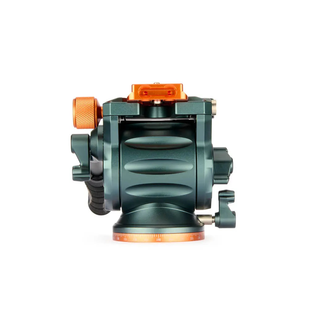 Mechanical device with green and orange components on a white background
