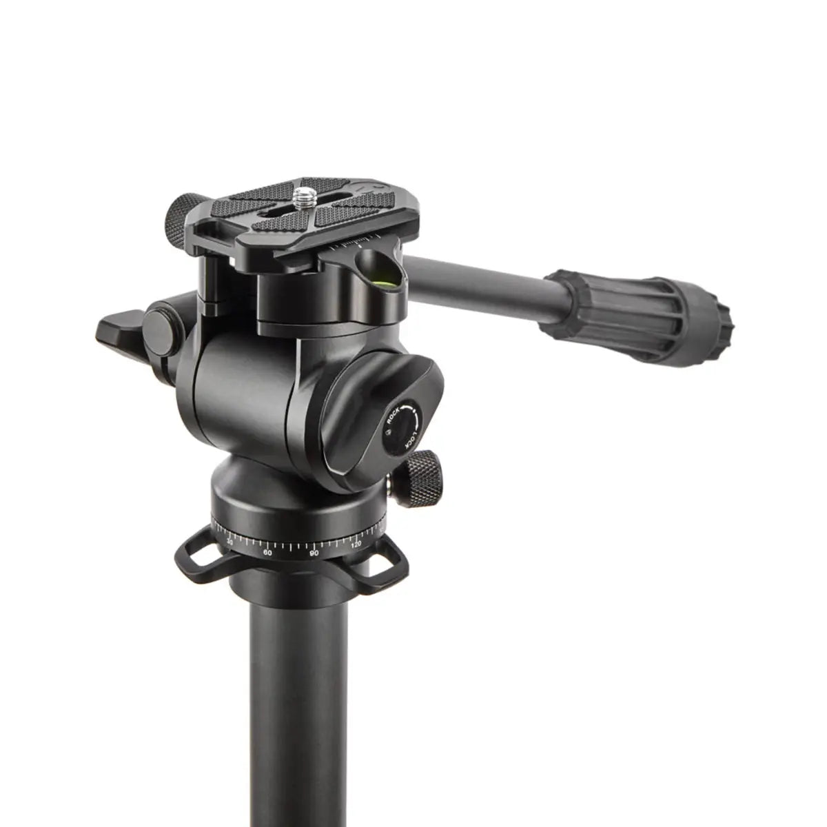 Black camera tripod head on a white background