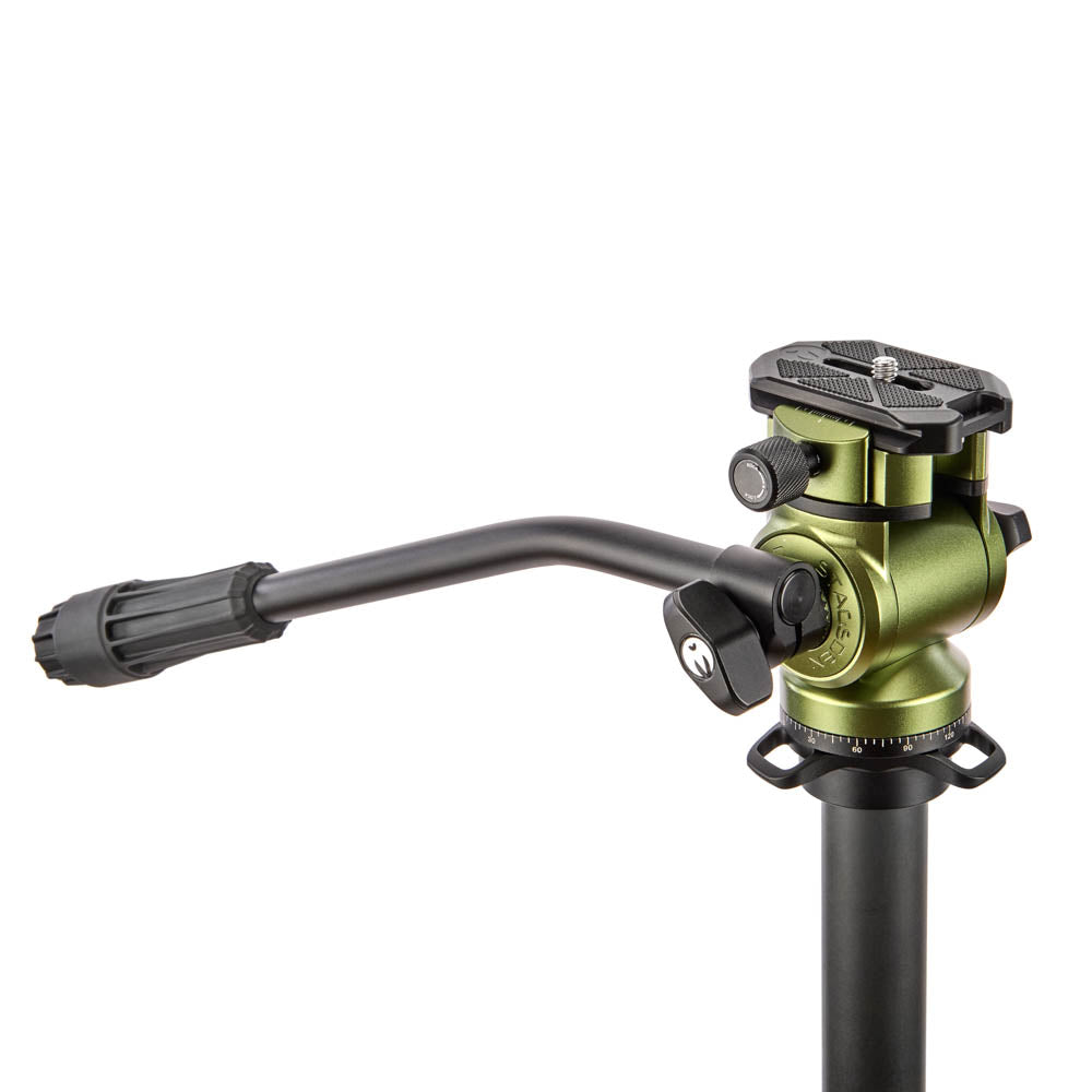 Camera tripod head with adjustable arm on a white background