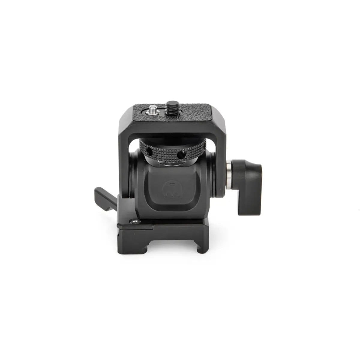 Black camera lens mount on a white background
