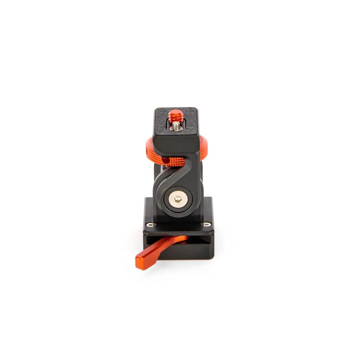Camera quick release plate with black and orange design on a white background