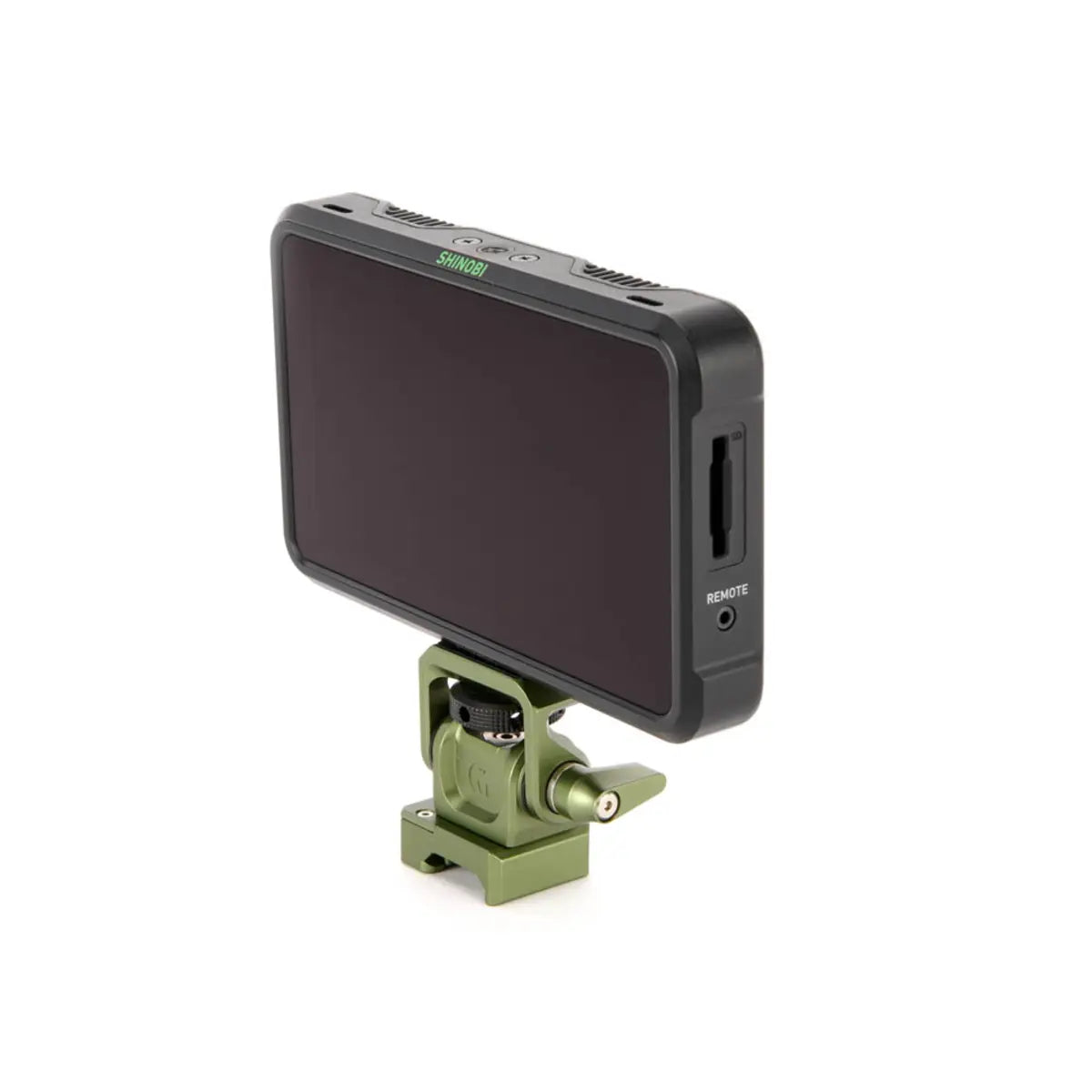 Small camera monitor with a green mount on a white background