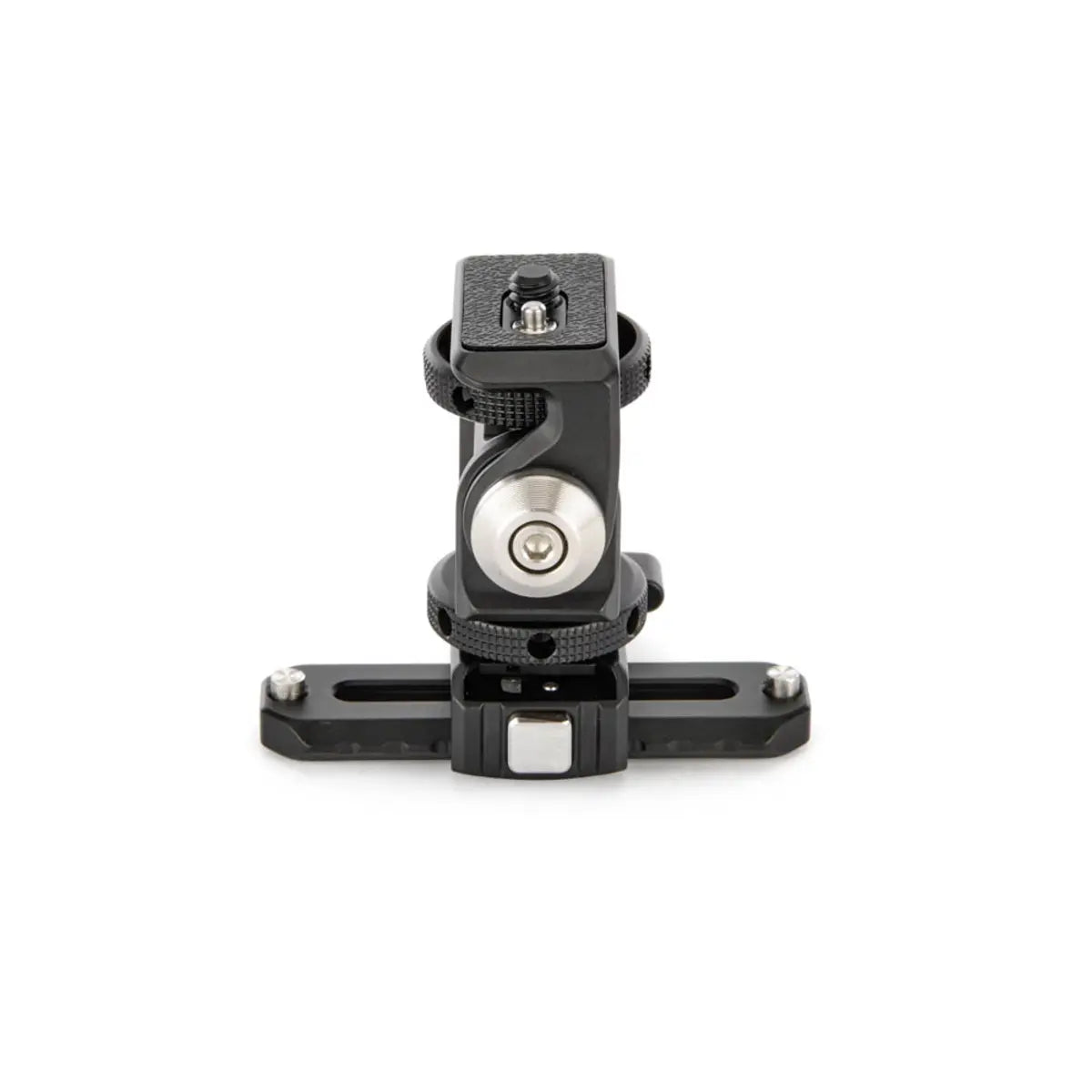 Black and silver camera mount on a white background