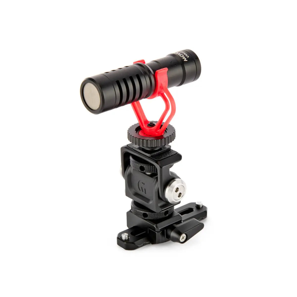 Microphone with red stand and black mount on a white background