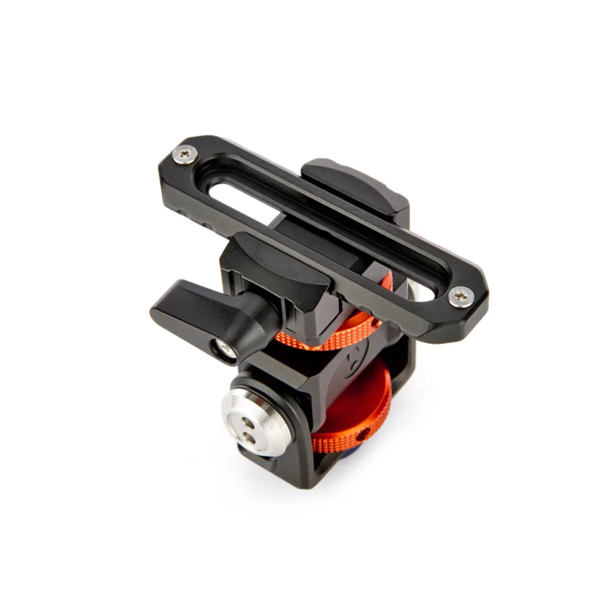 Black and orange camera mount on a white background