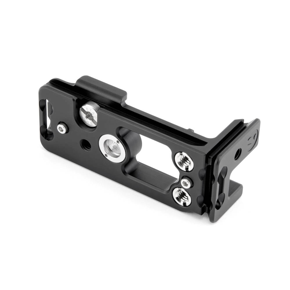 A black metal camera mounting bracket with silver screws and adjustment holes, shown on a plain white background.