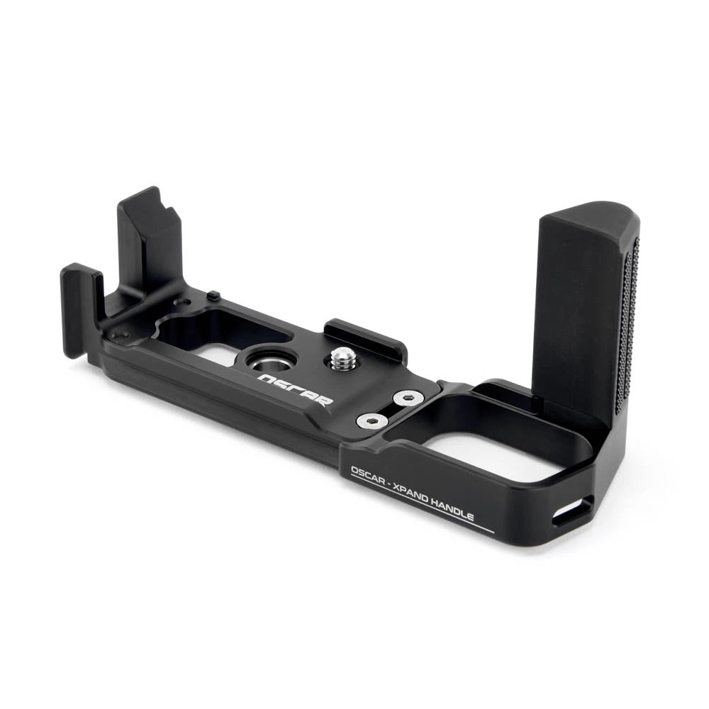 Black camera handle with brand name on a white background