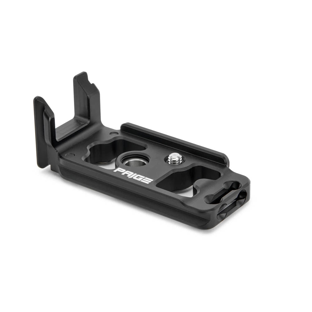 Black metal camera accessory on a white background