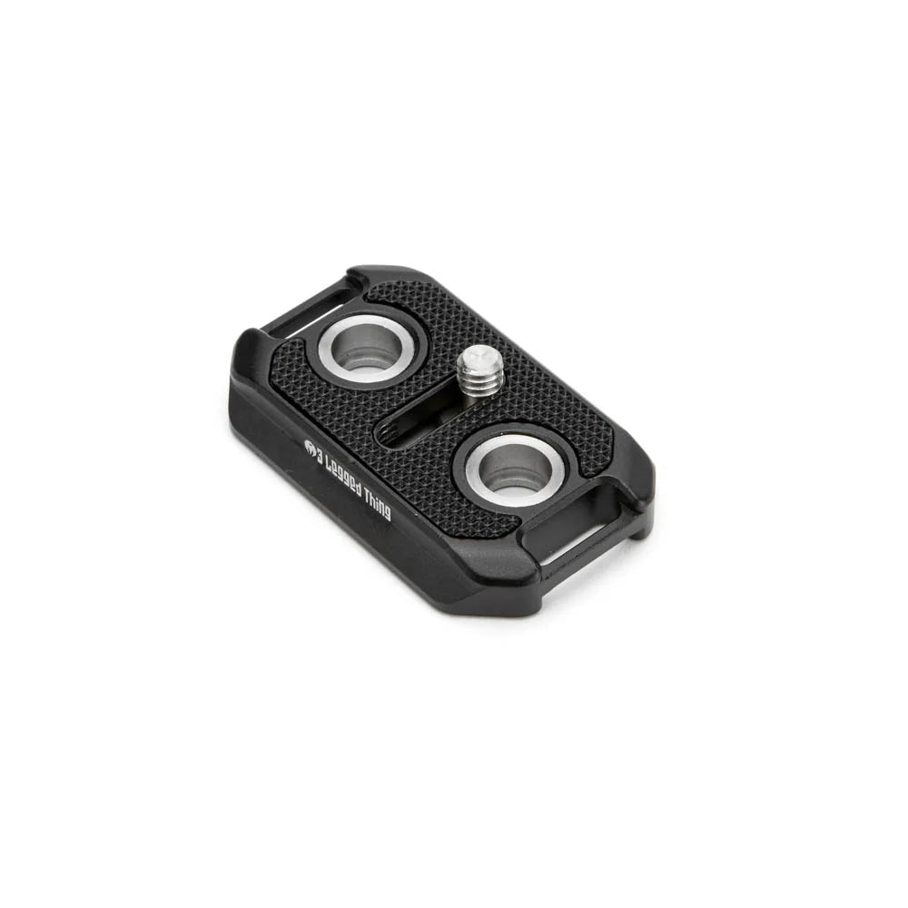 Black tripod plate camera accessory with metal components on a white background