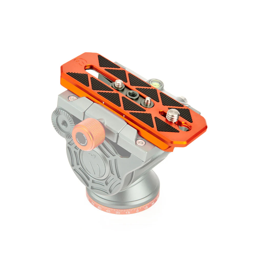 Orange metal tripod plate with black textured surface on a white background