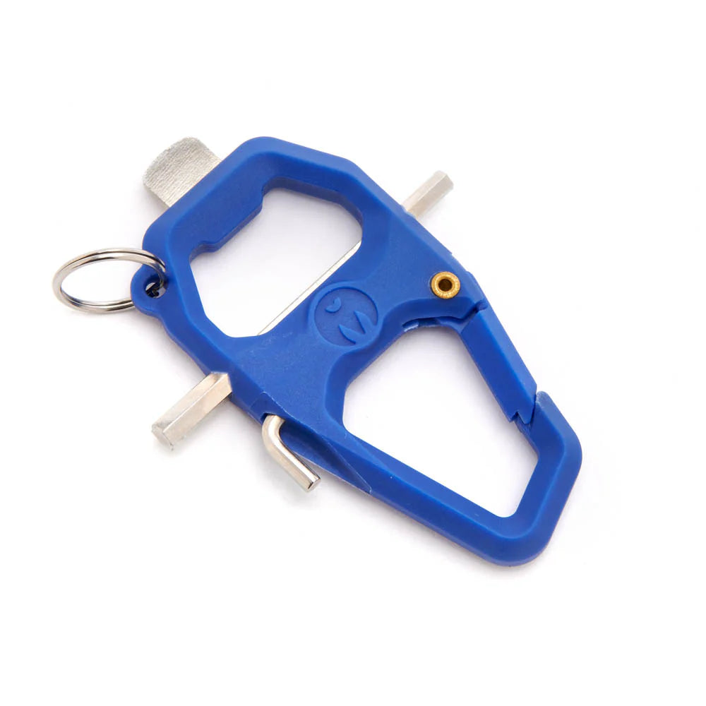 A blue multi-tool keychain with silver metal tools and a small gold accent, shown on a clean white background.