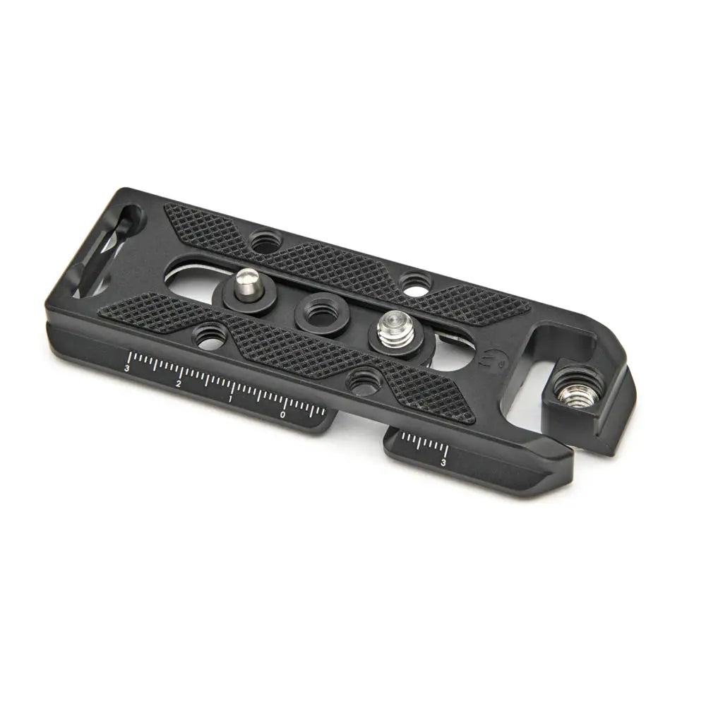 Black metal camera accessory with screws on a white background