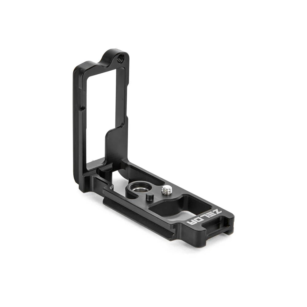 Black camera L-bracket on a white background