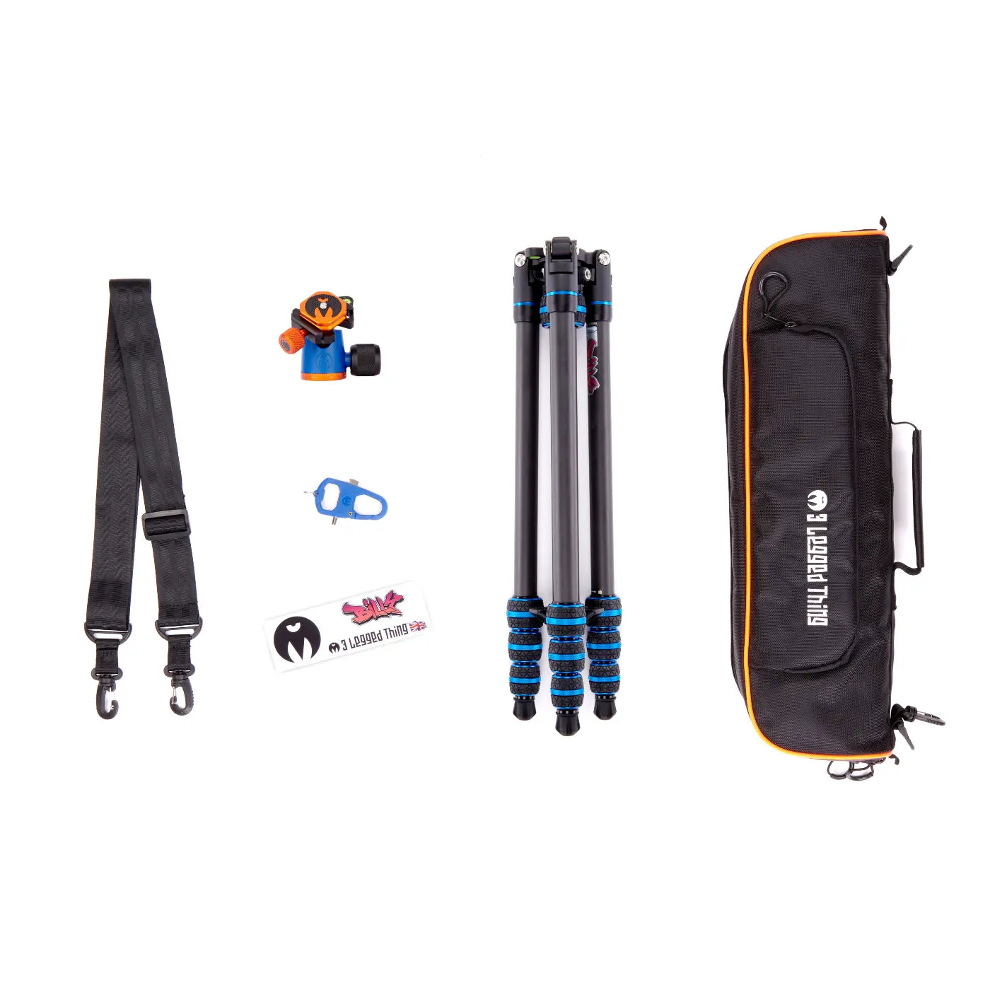 Camera accessories including a tripod, carrying case, and various small items on a white background
