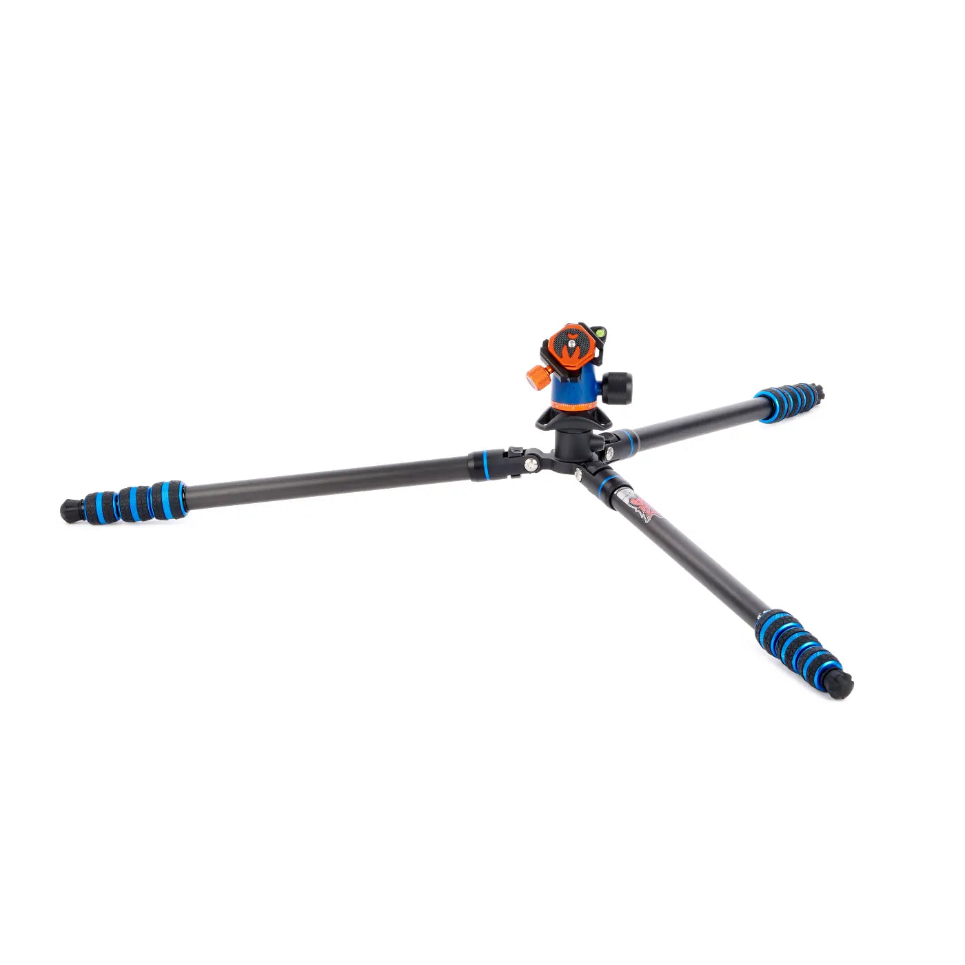 Camera tripod with a head on a white background