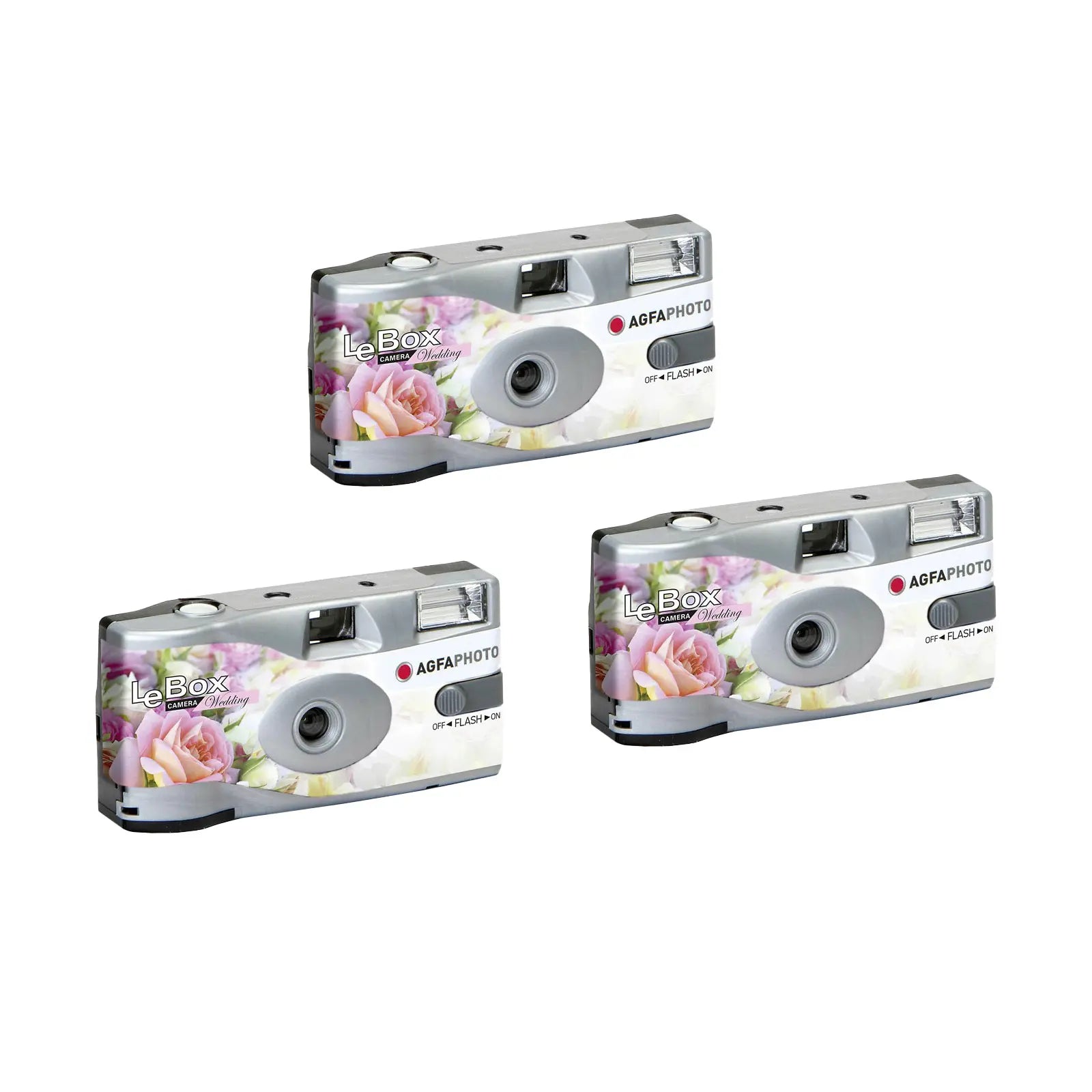 Three AgfaPhoto LeBox photo cassettes with floral design on a white background