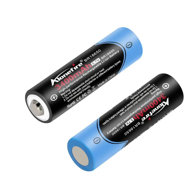 Two Alonefire 18650 3400mAh rechargeable lithium-ion batteries with blue wraps and black labeling.
