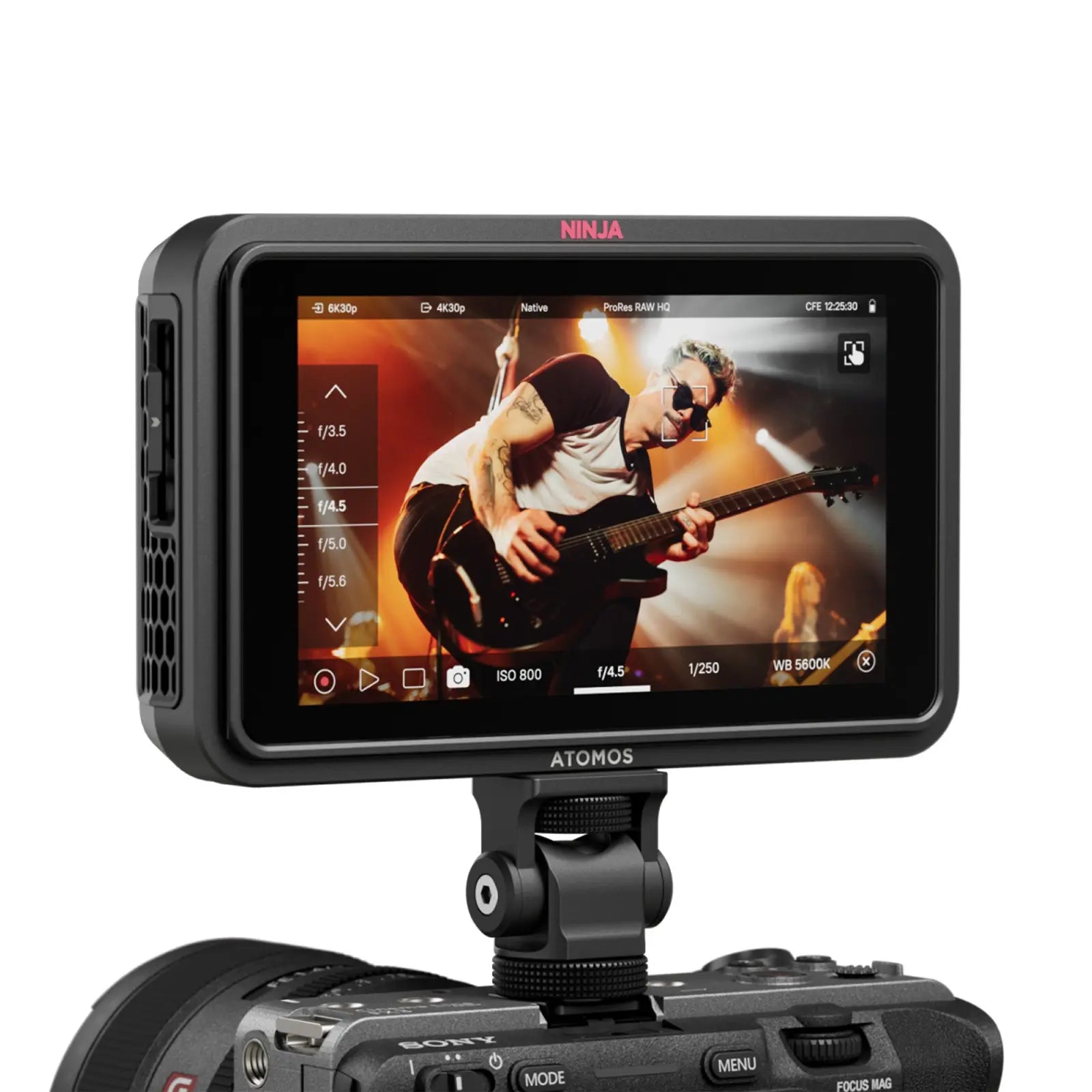 ATOMOS Ninja video recorder with screen displaying a guitarist on a white background