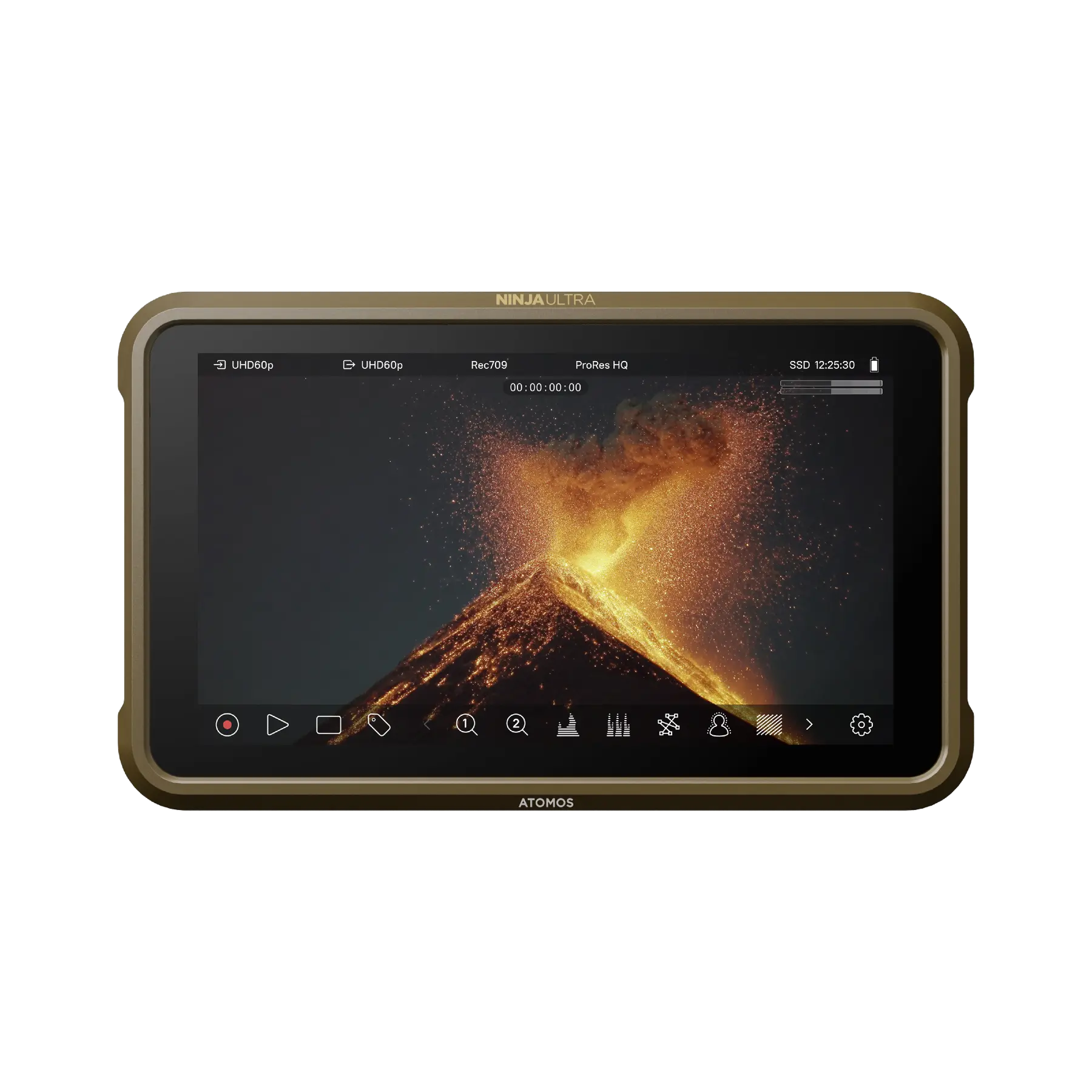 Atomos Ninja Ultra 5.2" 4K HDMI Recording Monitor with a graphical user interface on the screen, housed in a black casing.