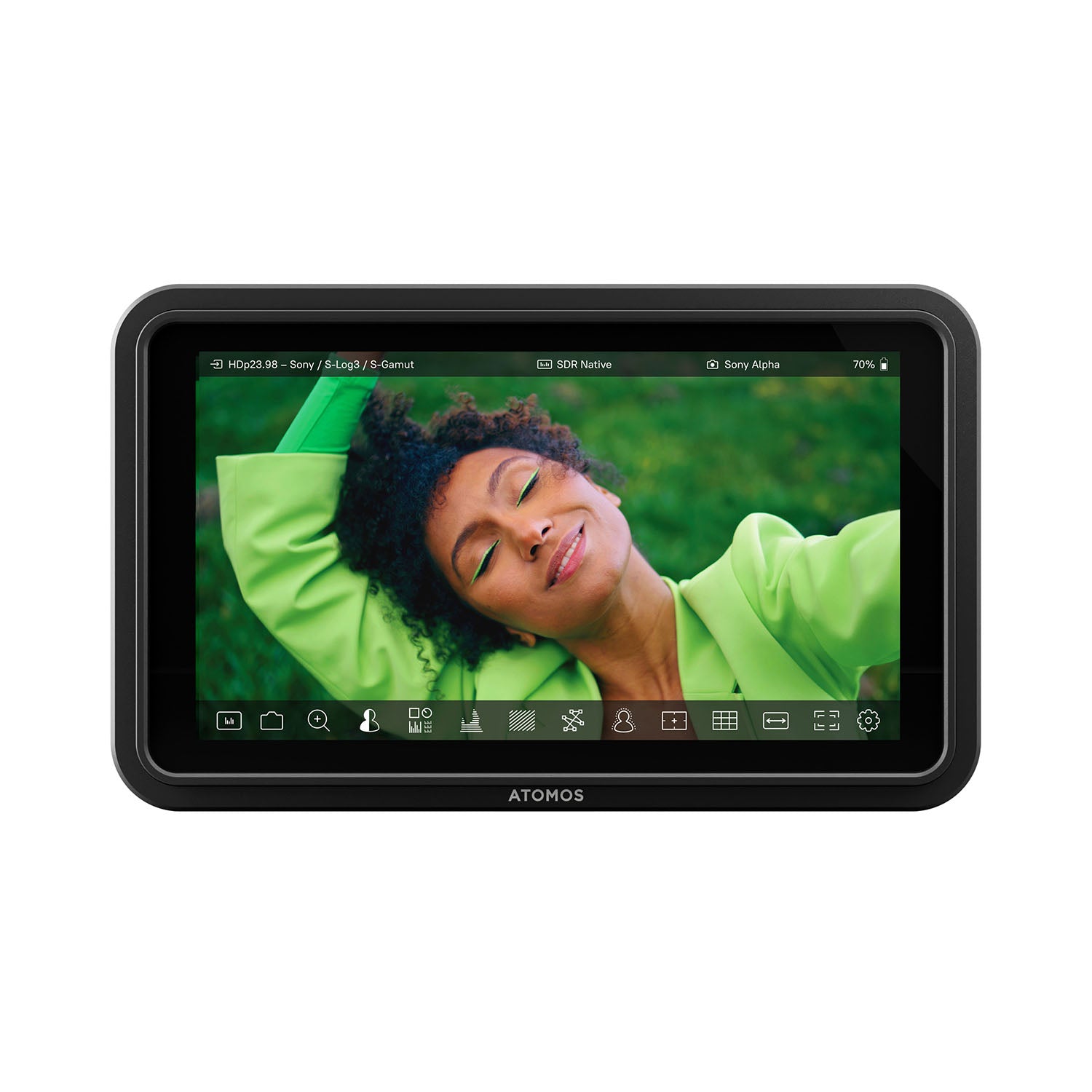 Atomos Shinobi II camera monitor displaying an image of a person resting with their eyes closed, possibly indicating the monitor's use in viewing camera footage.