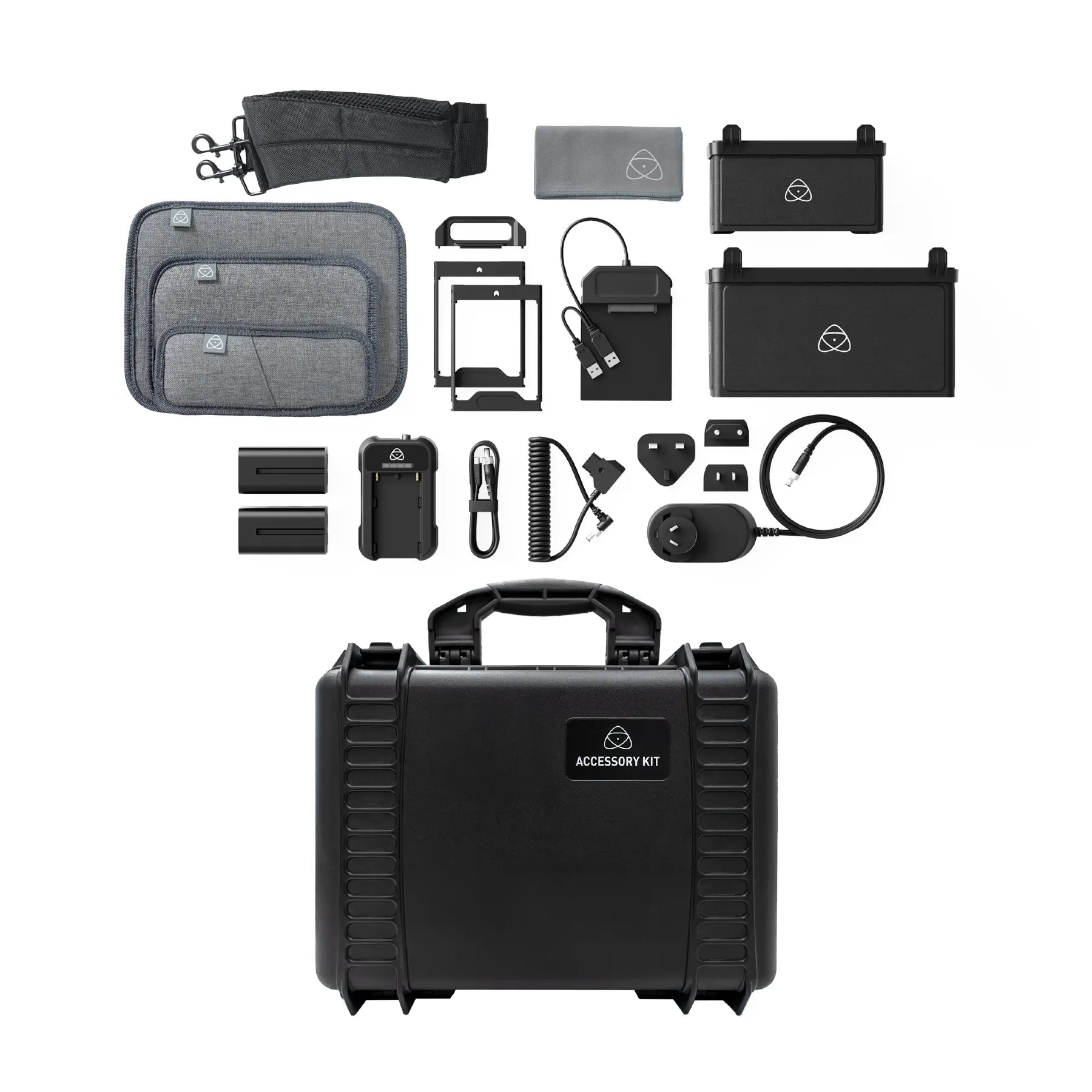 An assortment of accessories for Atomos monitors including a hard flight case, batteries, charger, power supply, USB-C cable, foam adapter, sunhoods, neoprene sleeve, SSD mini-handle, and a screen cleaning cloth.