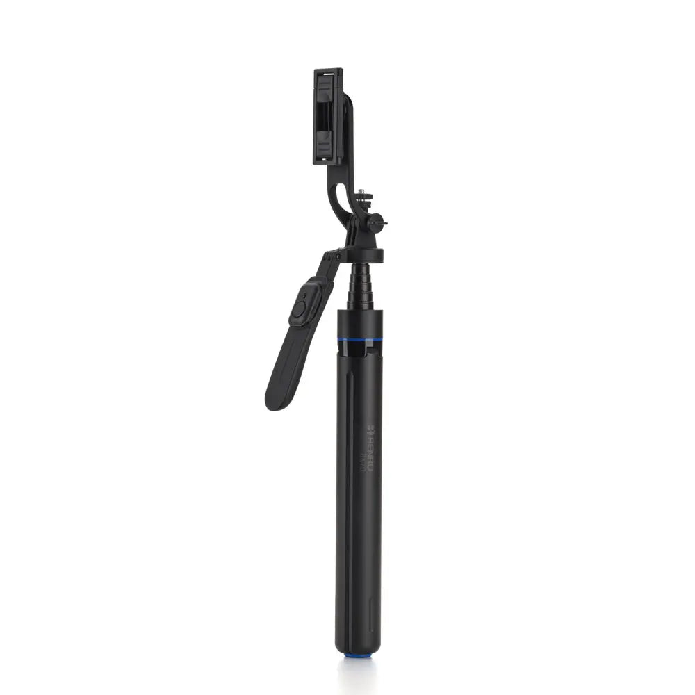 Black selfie stick with adjustable arm on a white background