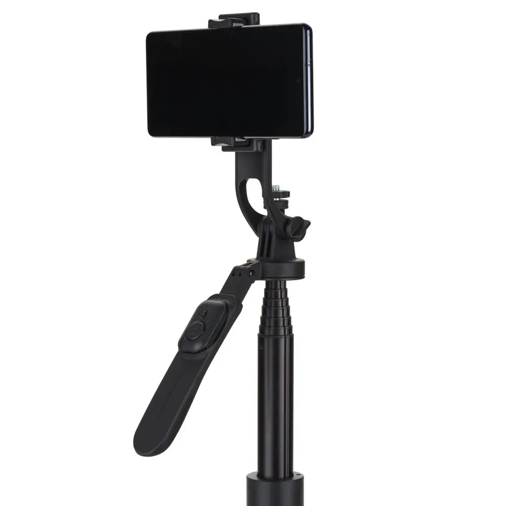 Black smartphone holder with tripod on a white background