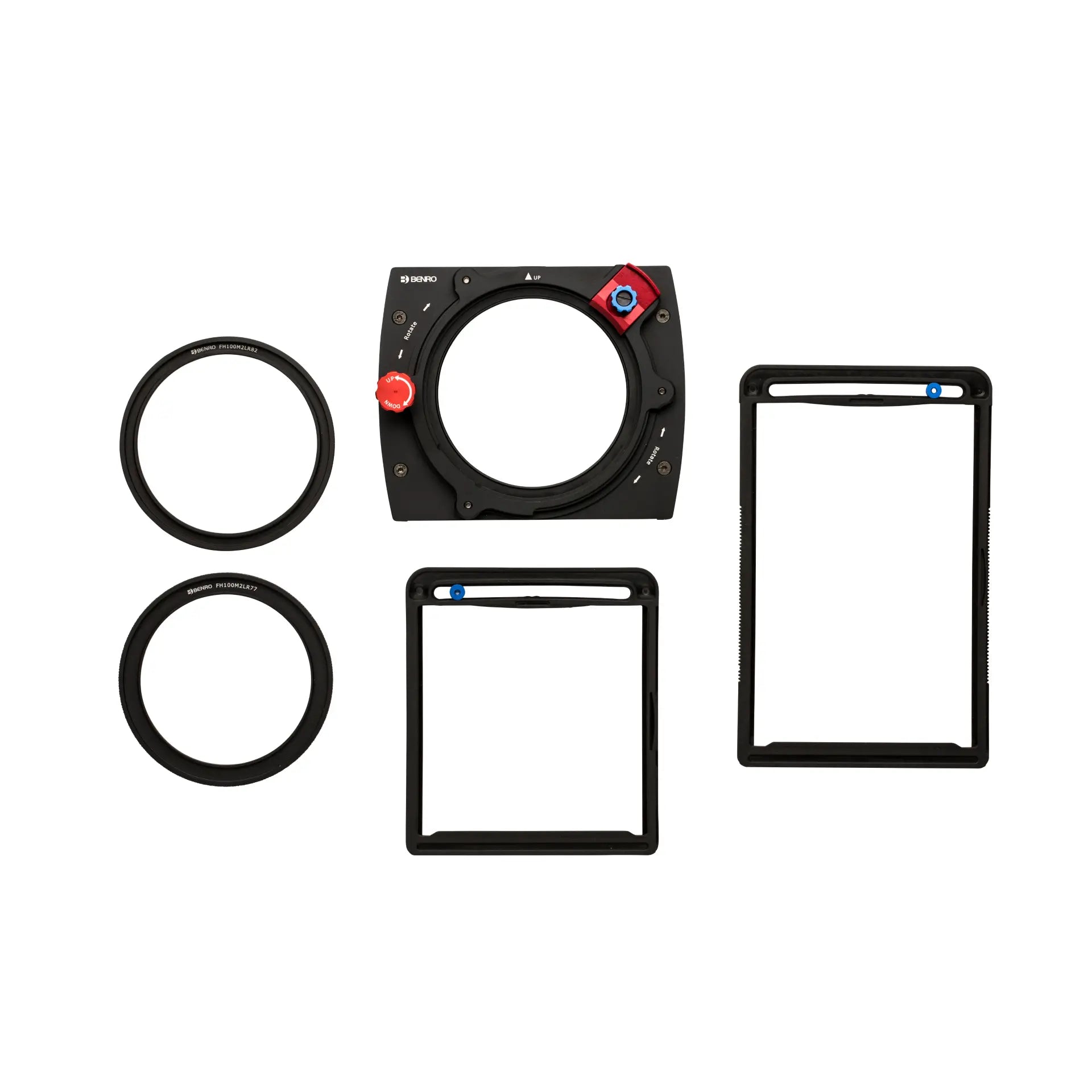 The image shows the Benro Master Filter Holder Kit 100mm, including a filter holder, filter frames, and lens adapters.