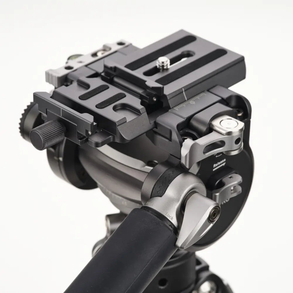 Camera tripod head with multiple mounting points on a white background