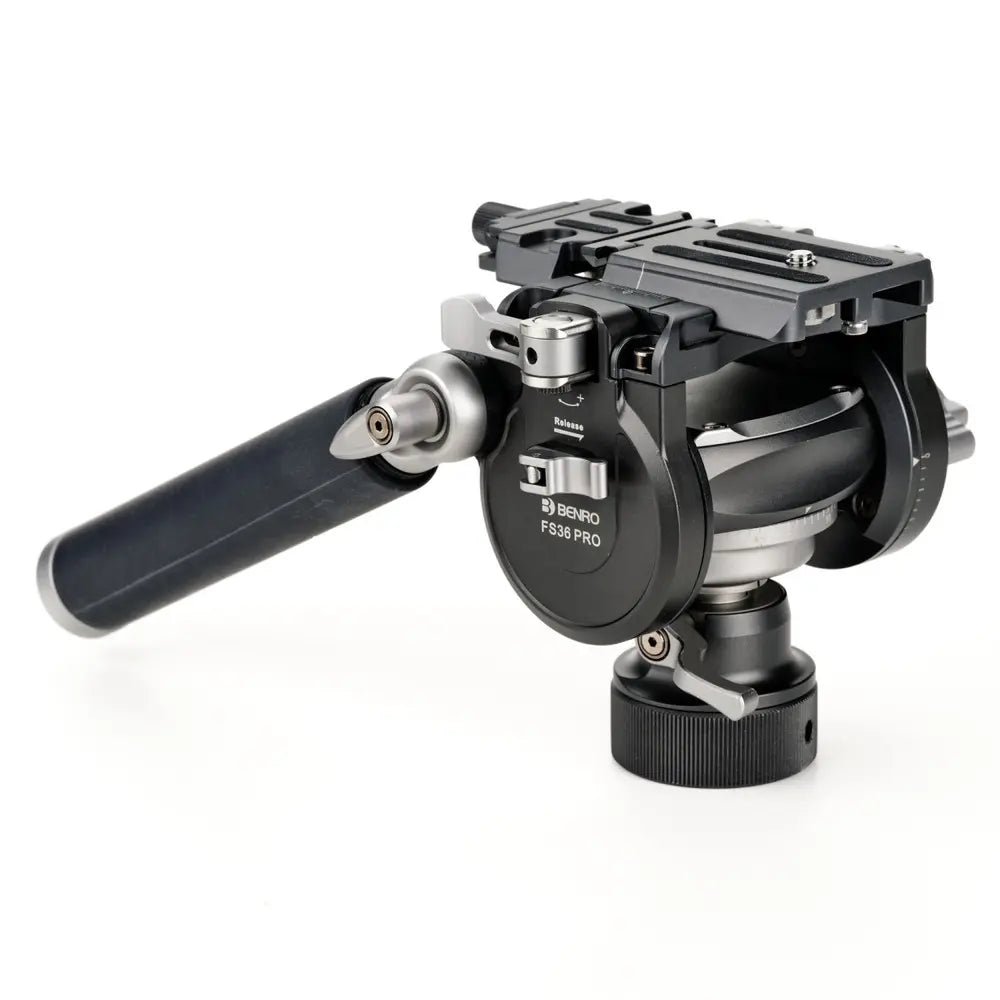 Camera fluid head with brand logo on a white background
