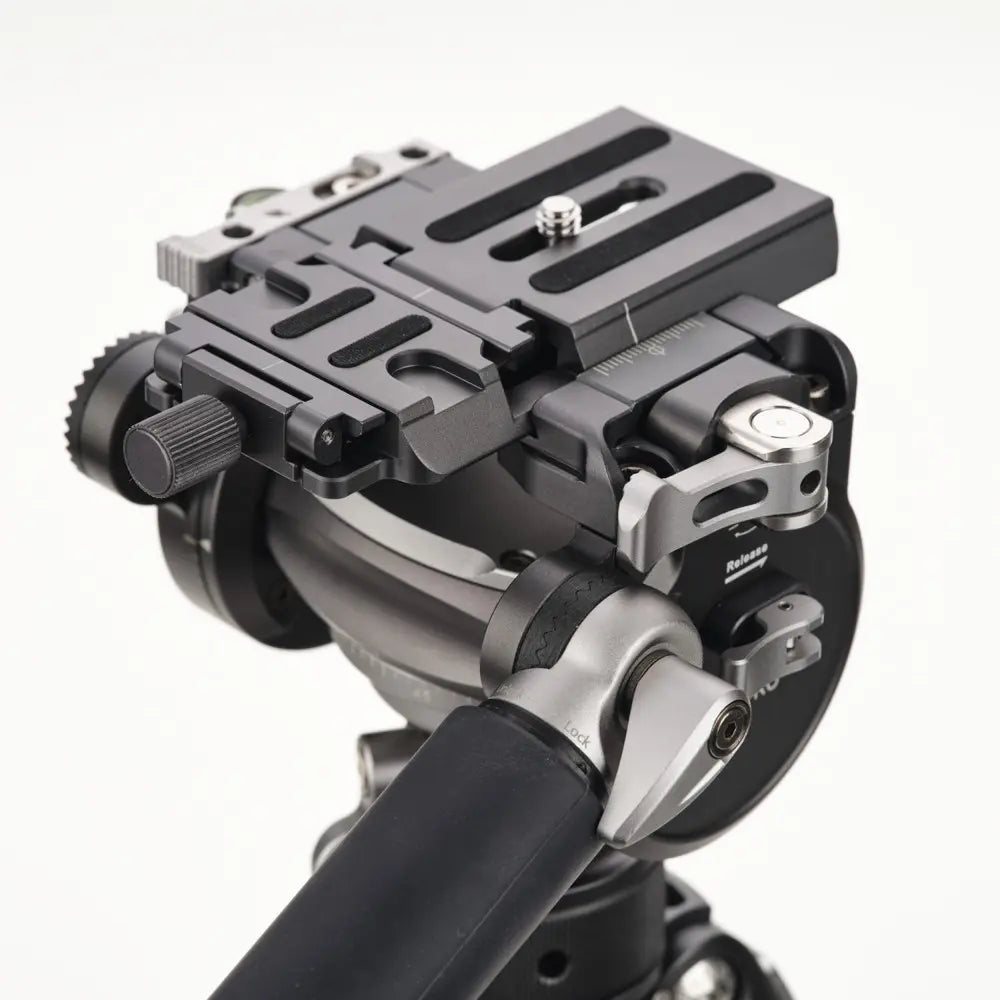 Camera stabilizer with multiple attachments on a white background