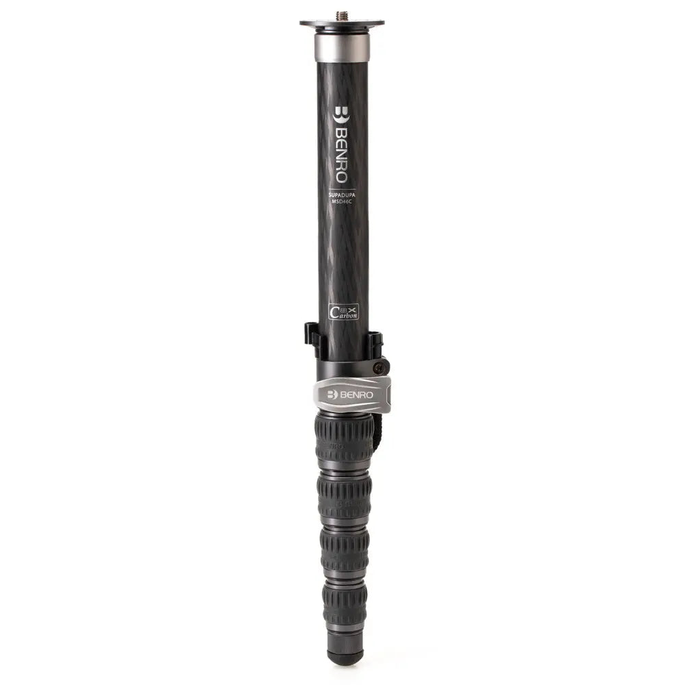 Black camera monopod with Benro branding on a white background