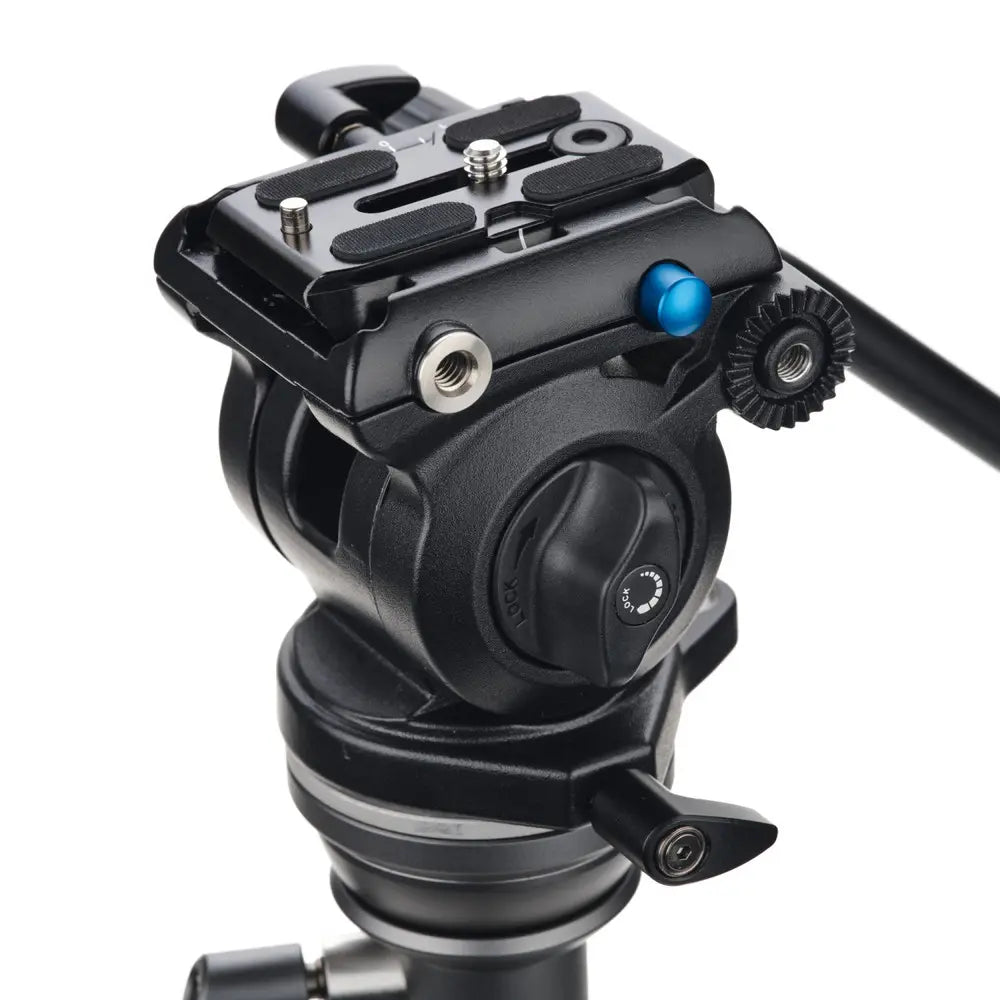 Camera tripod head with adjustable components on a white background