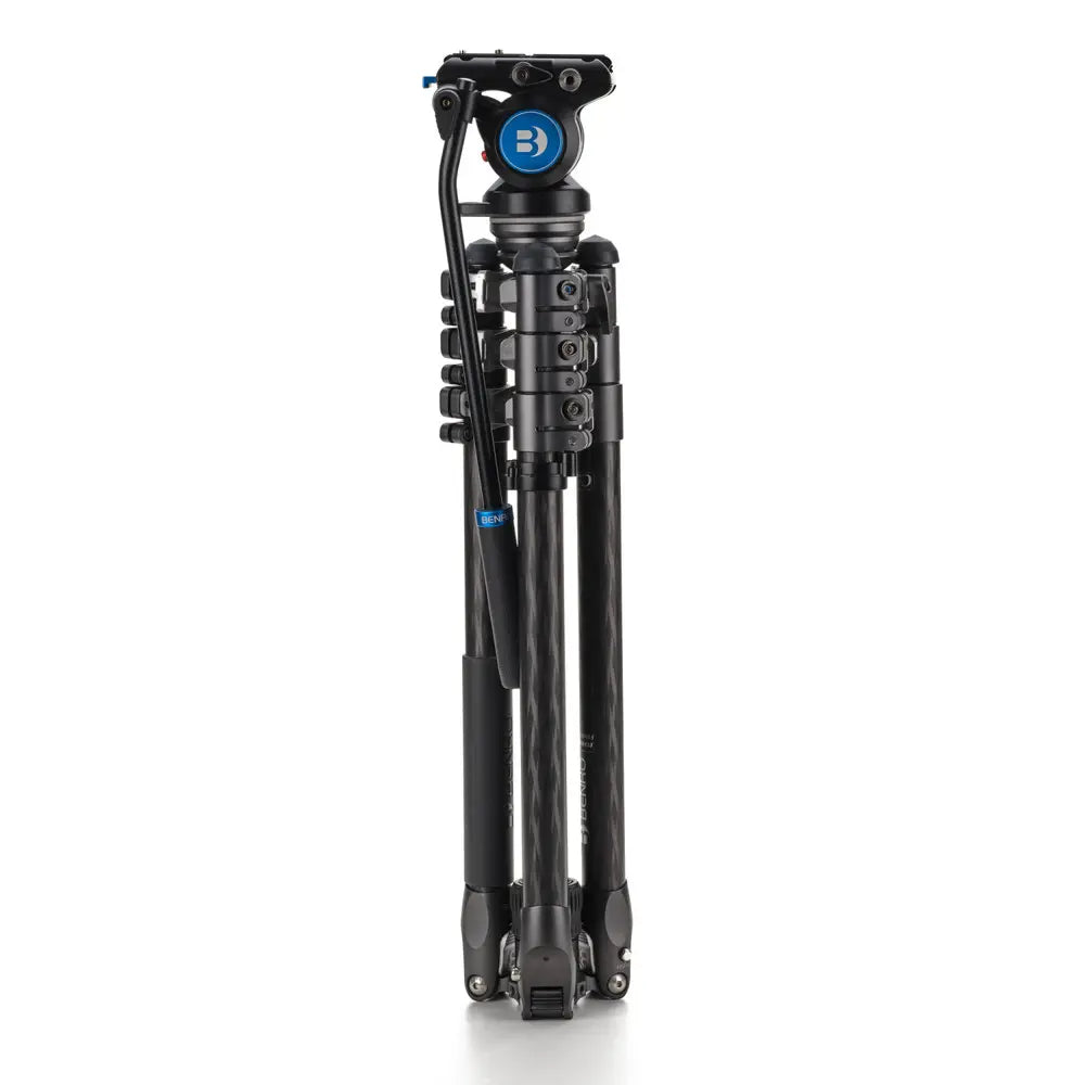 Black tripod with a blue logo on a white background