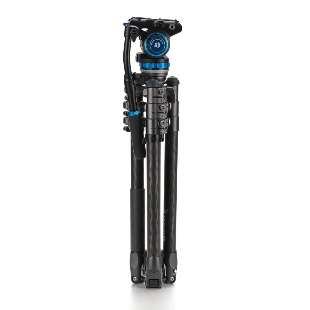 Black camera tripod with blue accents on a white background