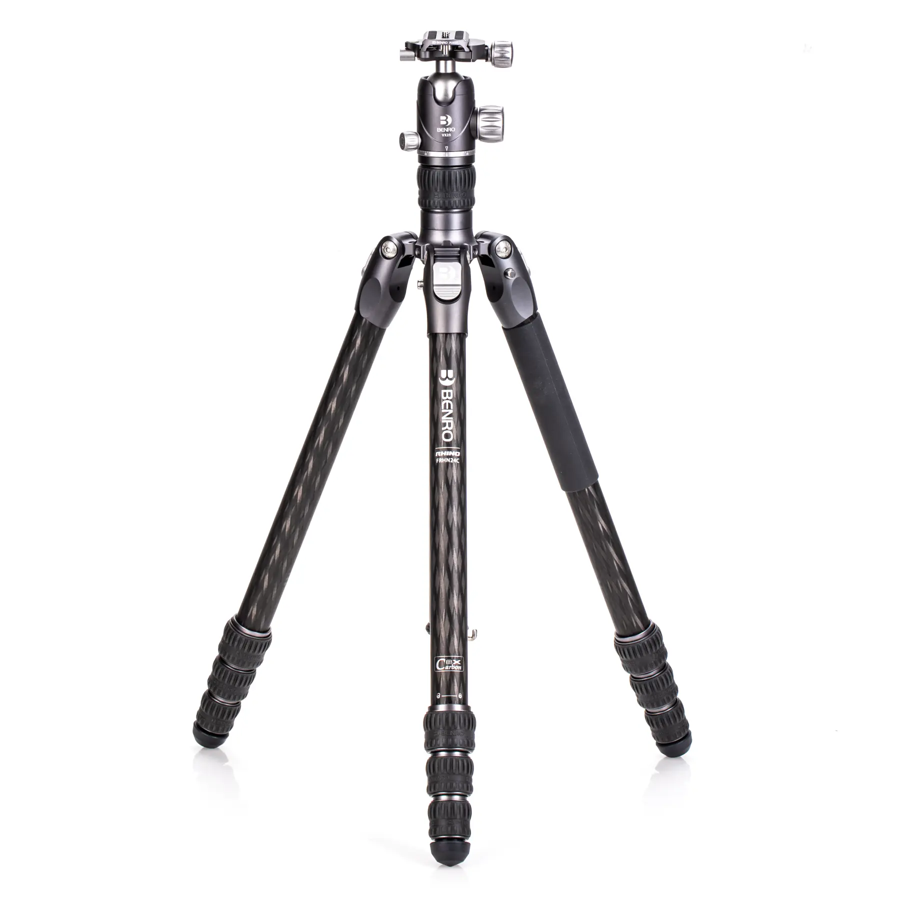 Benro Rhino Carbon Fiber Two Series Travel Tripod with VX25 Head, featuring a black and gray color scheme with twist lock mechanisms and a panoramic ball head.