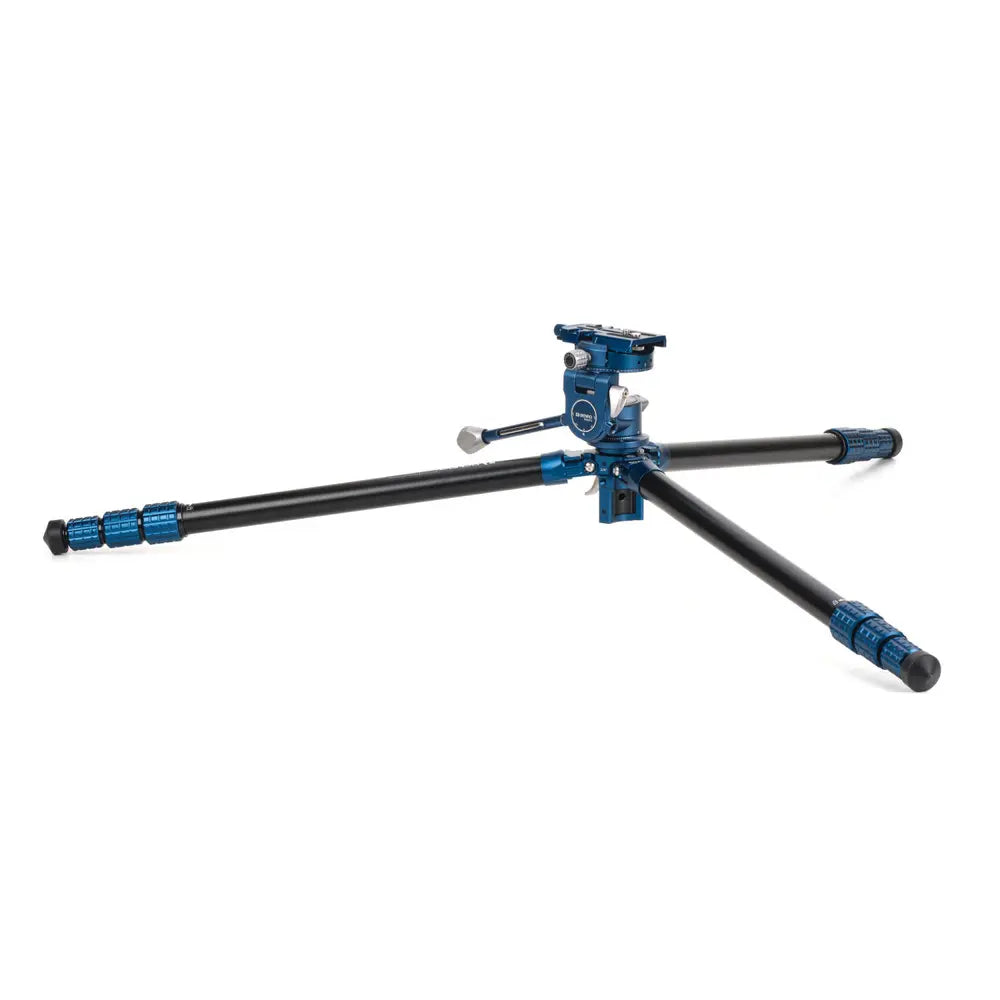 Black and blue tripod on a white background