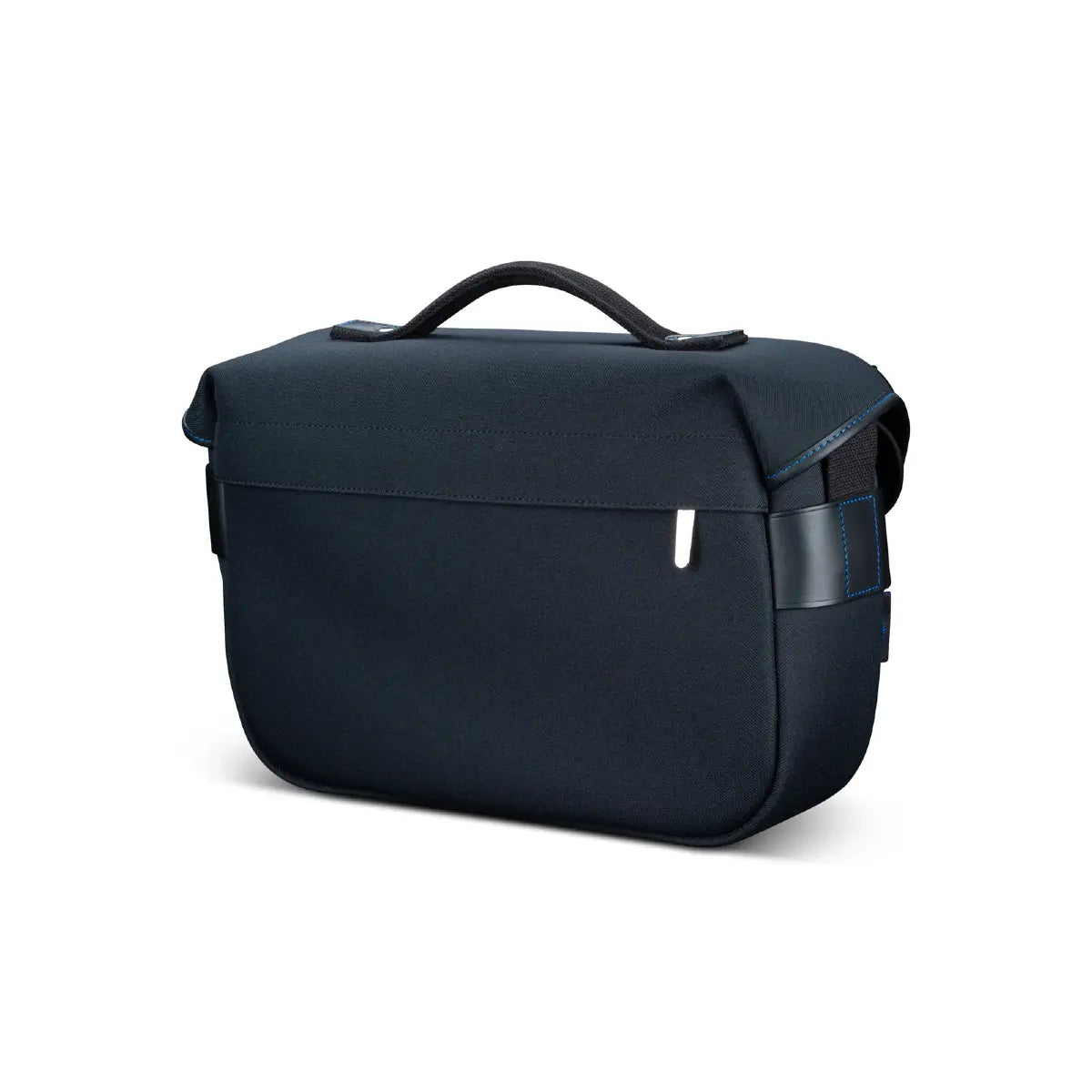 Black messenger bag with leather handle and strap on a white background