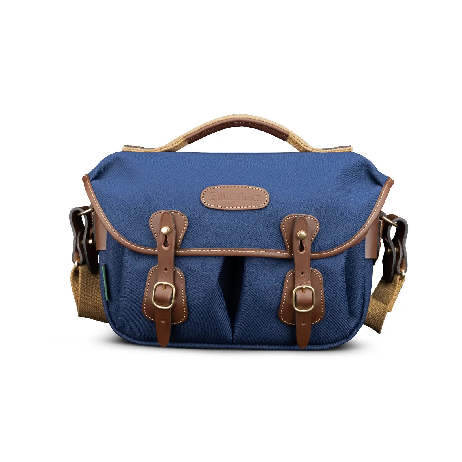 Blue bag with brown leather straps and accents on a white background
