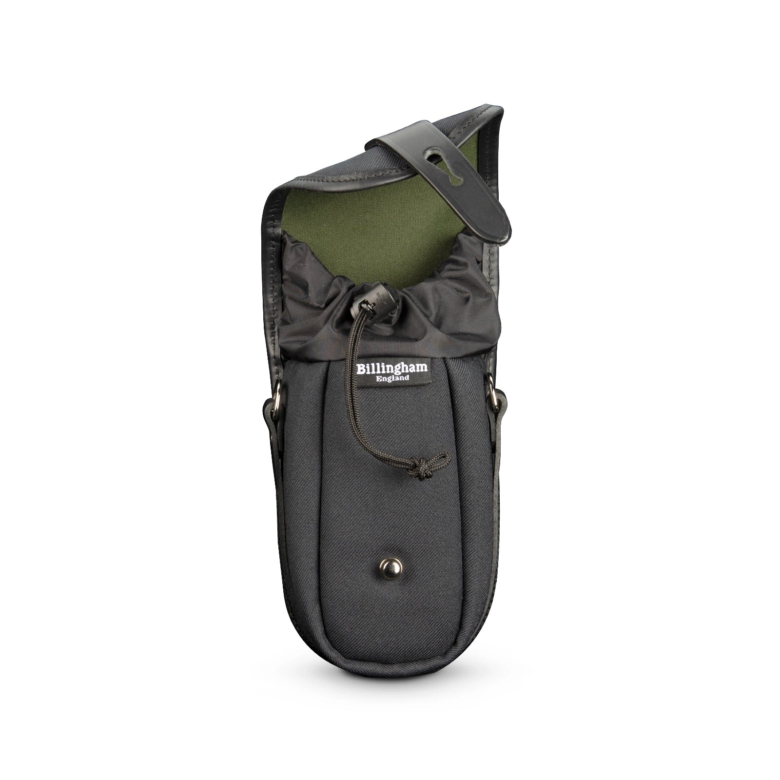 Billingham TEN-16 Black Fibrenyte/Black front angle with lid open