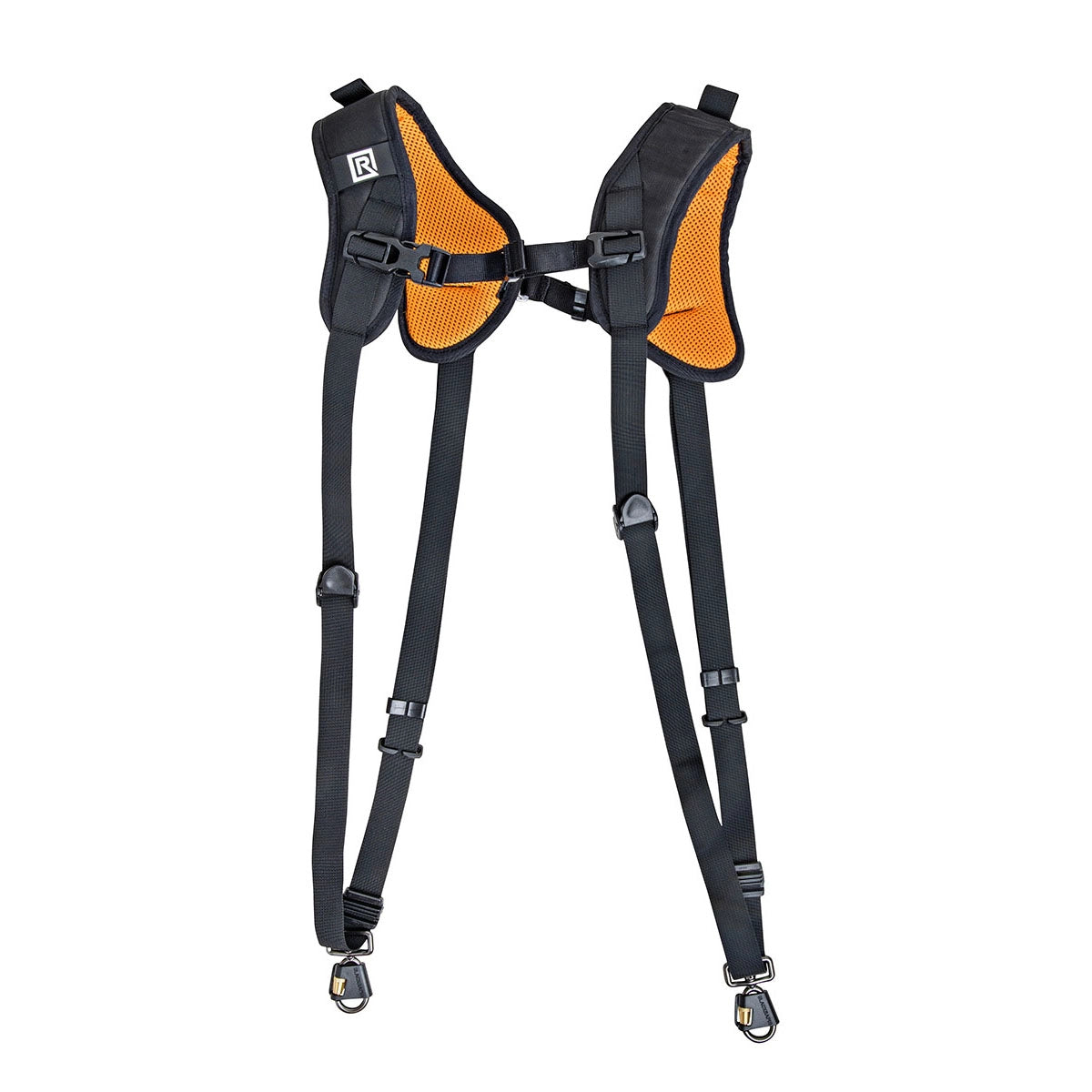 Black and orange camera harness on a white background
