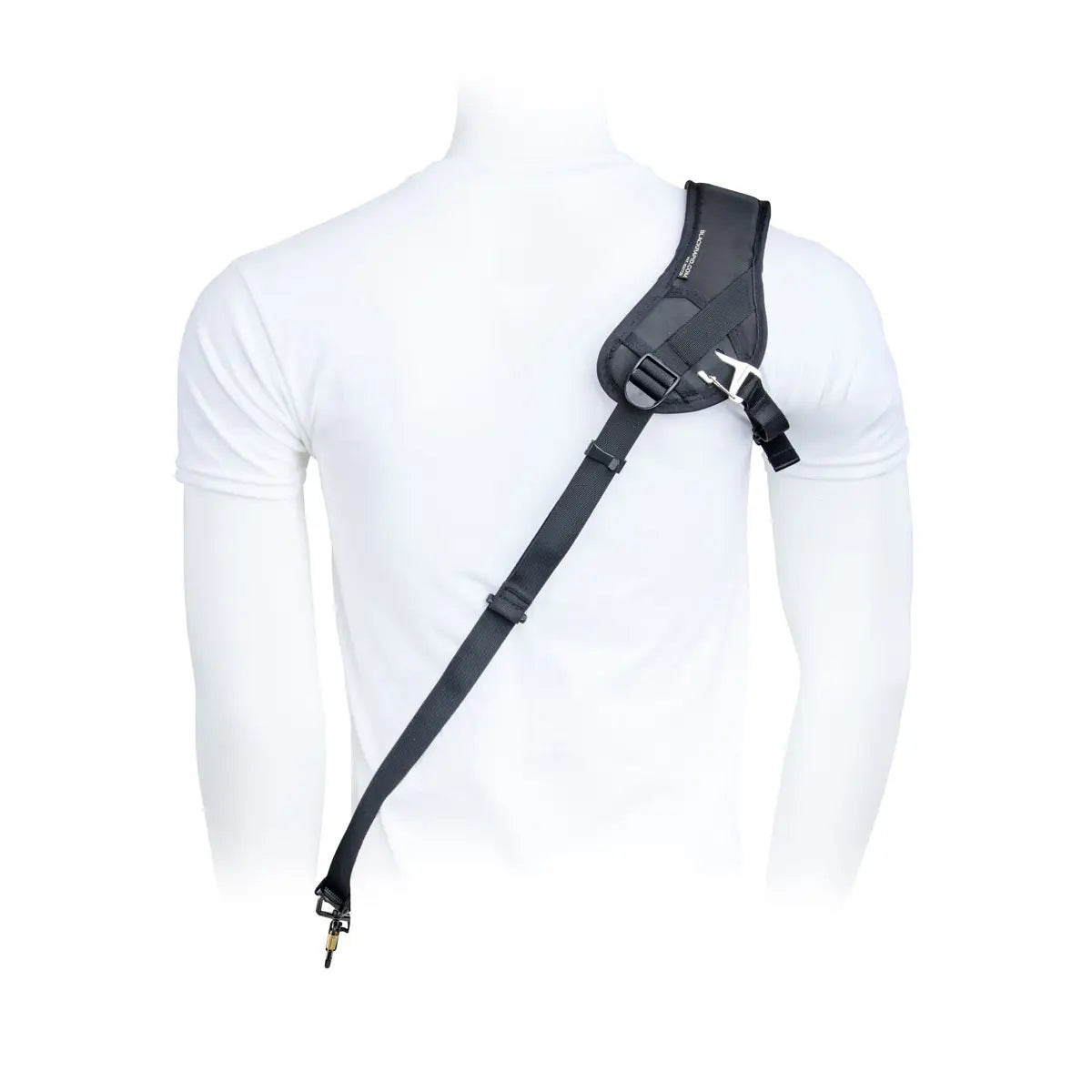 Black shoulder holster on a white mannequin with a white background