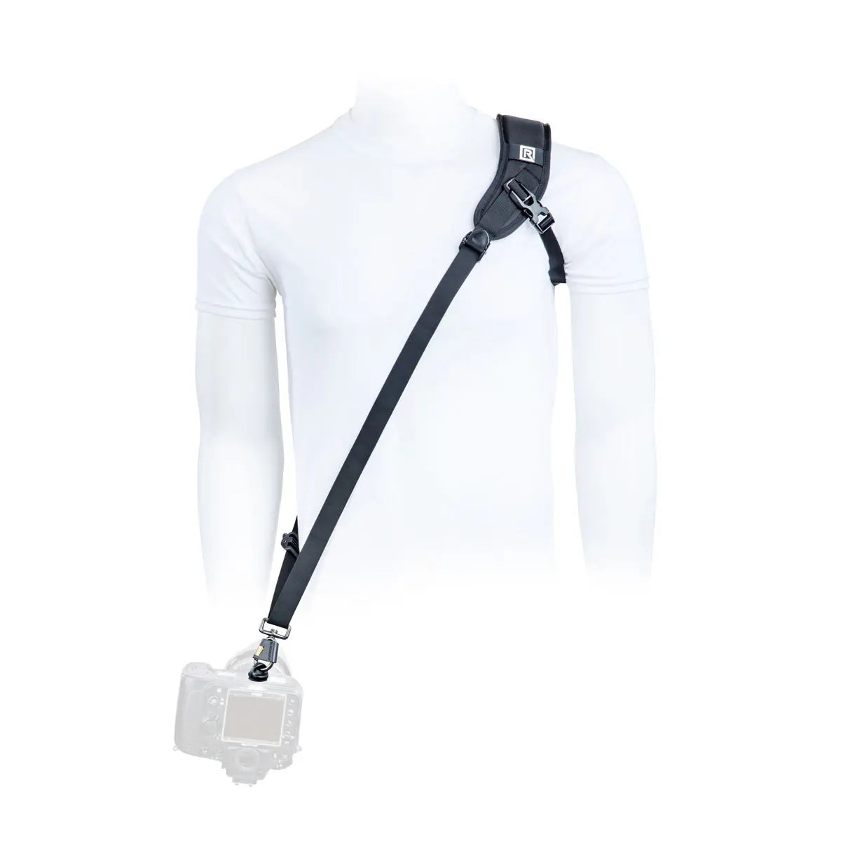 Black camera strap with a white camera body on a white background