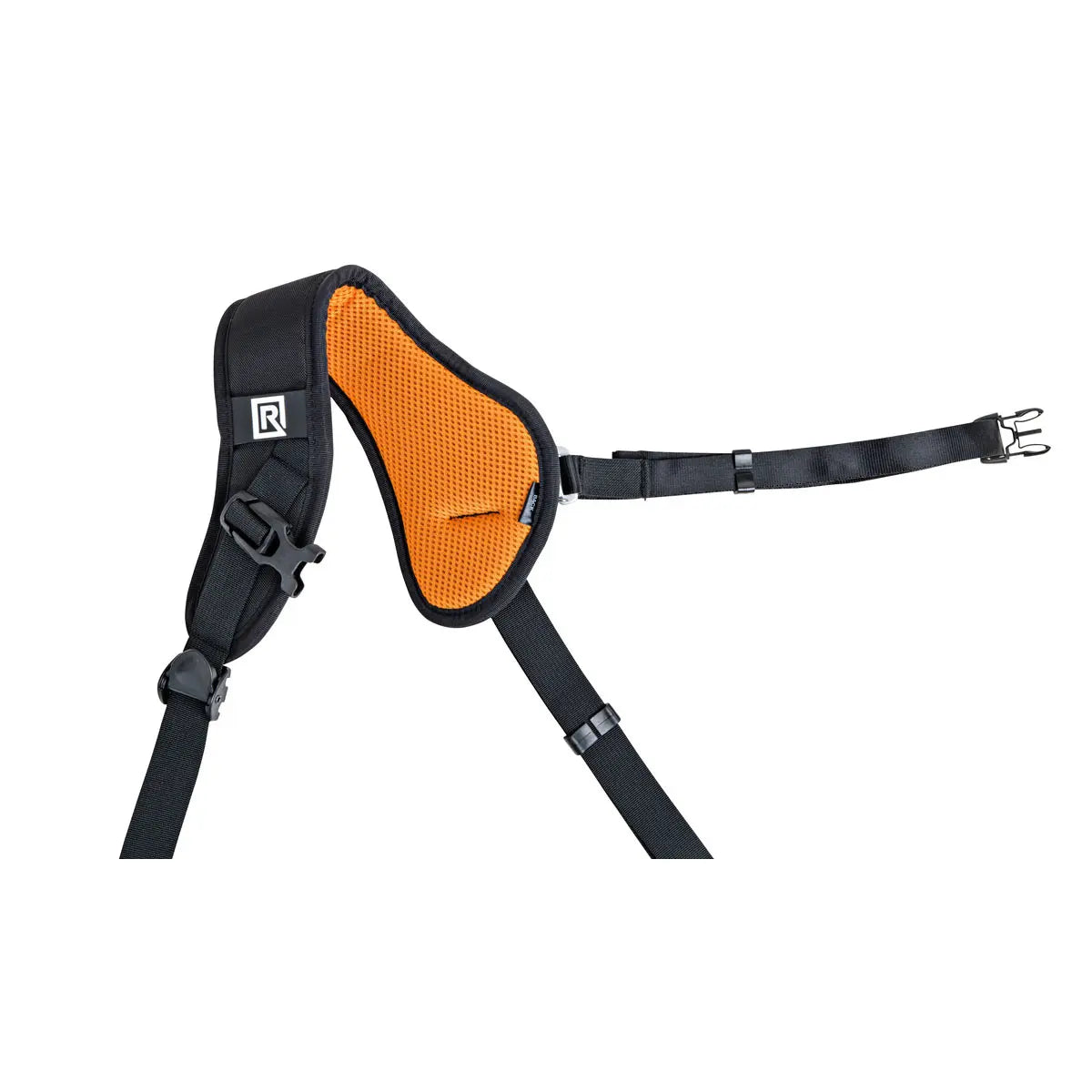 Orange and black shoulder harness with a brand logo on a white background