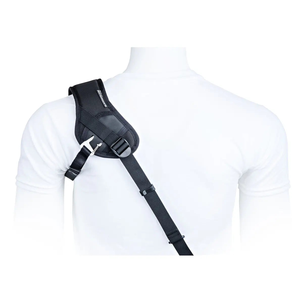 Black shoulder holster on a mannequin with a white background